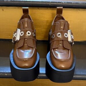 Larroude Brown Leather Platform Loafers with Black Soles and Silver Hardware